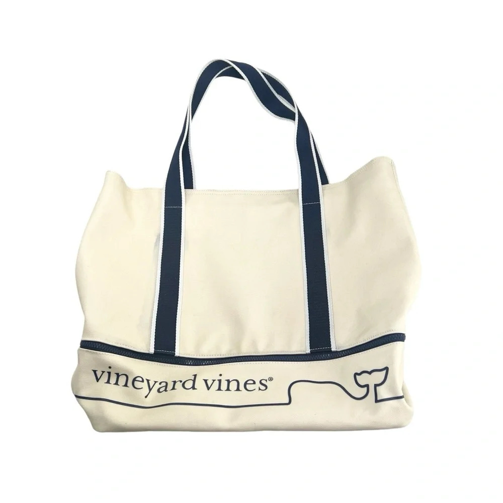 Vineyard Vines Cream Canvas Tote with Navy Trim